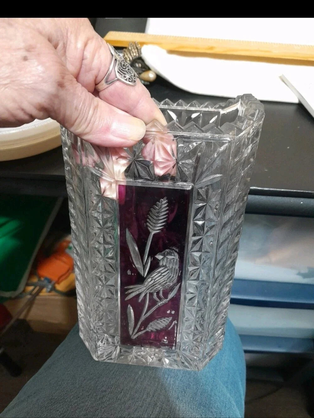 Vintage Clear Cut Glass Vase with Plum Accent and Bird Motif